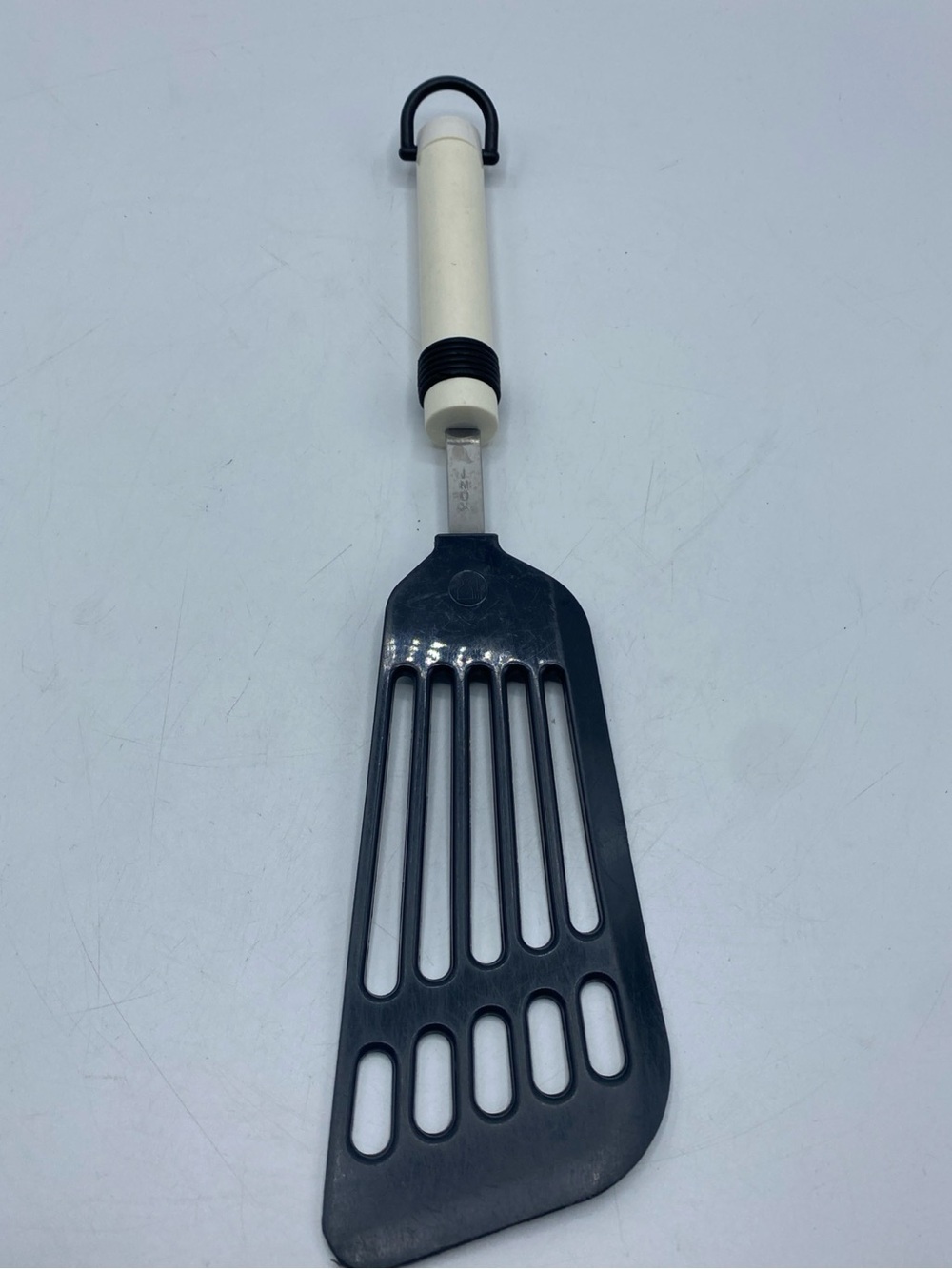 Inox Slotted Spatula Turner Spoon Plastic White Handle Vintage Italy 13" Utensil